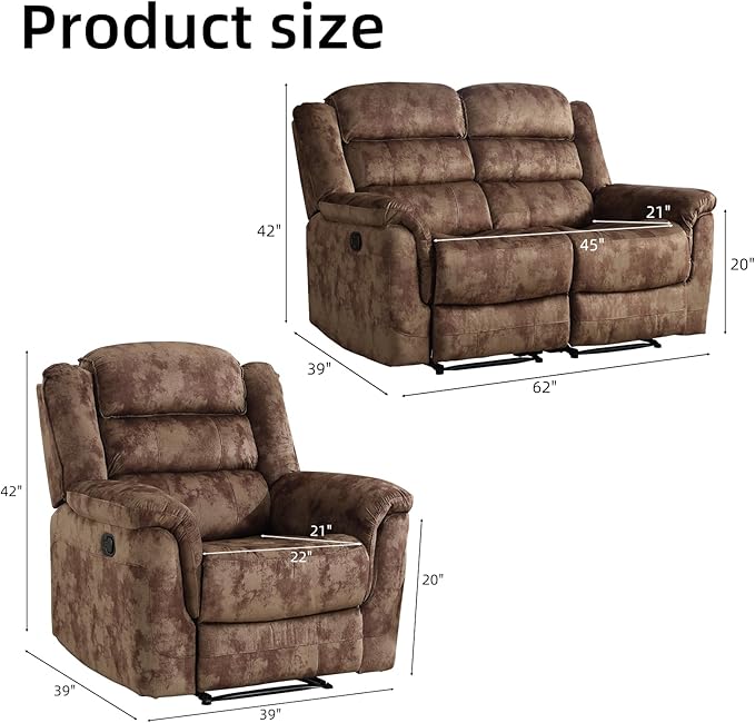 EBELLO 2 Pieces Reclining Couch Furniture Set Soft Fabric Manual Recliner Sofa Home Theater Seating Manual Recliner and Wide 3PC Bonded Sofa Set for Living Room Brown