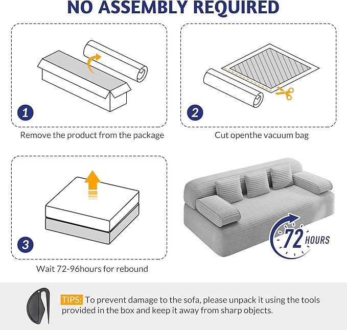 78.7 Queen Convertible Sofa Bed 2-in-1 Corduroy Folding Floor Couch with 3 Pillows Sleeper Sofa for Living Room and Bedroom No Assembly Required (Light Grey)