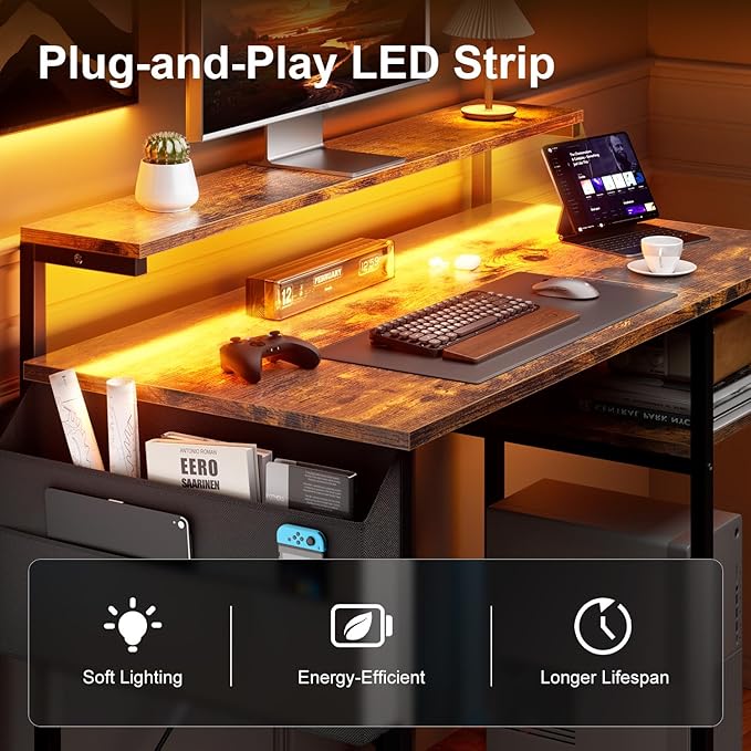 HLDIRECT Computer Desk with LED Lights 40Inch Gaming Desk with Monitor Stand &amp Side Storage Shelves Writing Study Table with Storage Bag for Home Office and Bedroom Brown