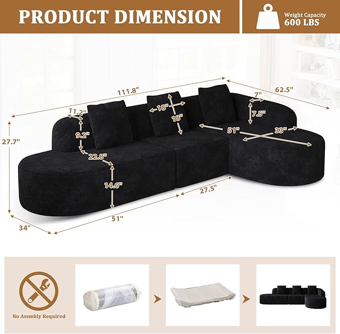 Oversized Sectional Sofa with Right Chaise 111 Modern Luxury Lychee-Textured Long-Pile Extra Wide Seat L-Shape Curved Cloud Boneless Couch for Living Room Apartmen No Assembly Black