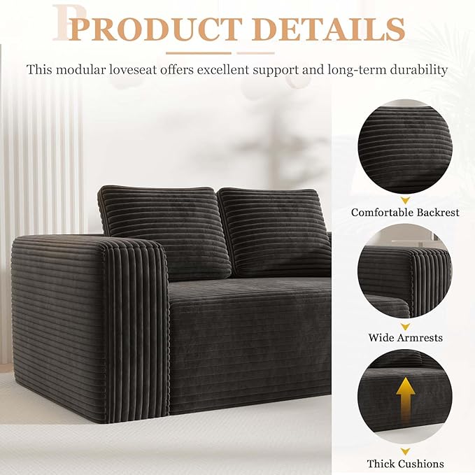 63 Black Boneless Couches for Living Room Compressed Sofa Couch in a Box Corduroy Memory Foam Floor Couch for Adults Memory Foam Deep Seat No Assembly Required (Black)