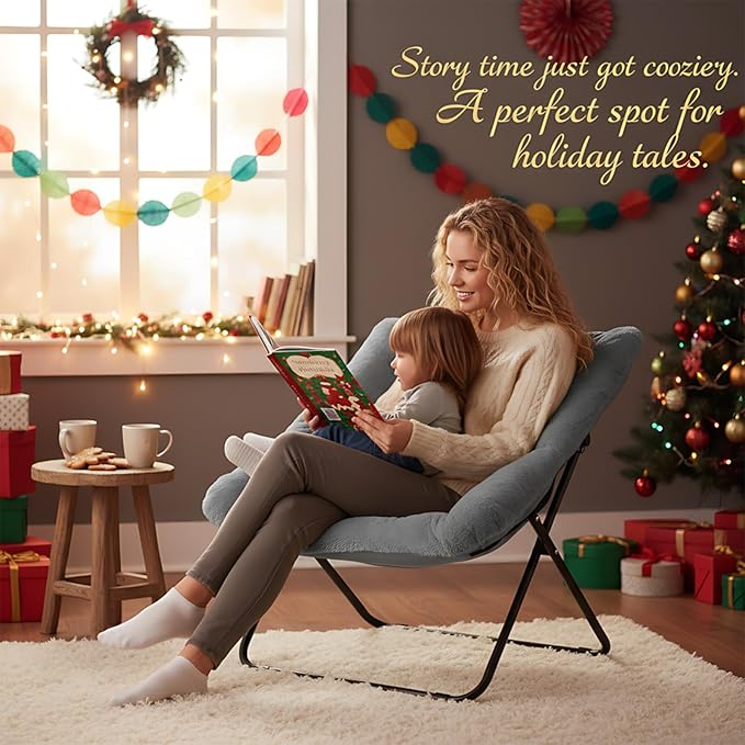 Comfy Folded Chair Soft Faux Fur Oversized Folding Accent Chair Flexible Lazy Chair for Adults Kids Metal Frame Moon Chair for Dorm Room Bedroom Living Room