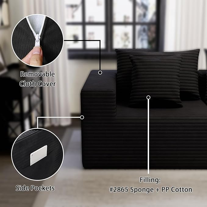 Modular Sectional Sofa Deep Seat Cloud Couch with Throw Pillows Fluffy Comfy Boneless Couch Freely Convertible Memory Foam Sofa for Living Room Apartment Bedroom (Black 4 Seater)
