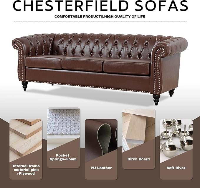 Chesterfield Sofa PU Leather Sofas for Living Room Rolled Arm 3-Seater Couch Deep Button Nailhead Upholstered Couches High-End Furniture 84 Easy to Assemble (Brown)