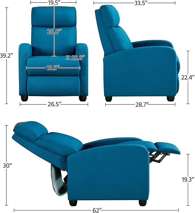 Yaheetech Home Theater Seating Fabric Recliner Chair Modern Single Living Room Reclining Sofa with Pocket Spring Blue