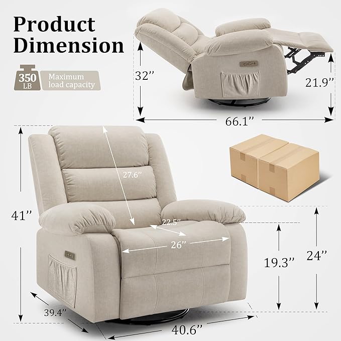 Power Recliner Chair Electric Rocker Recliner with Massage and Heat 270° Swivel Glider Oversized Wide Seat with USB Port Cashmere Nursery Chair for Living Room Beige