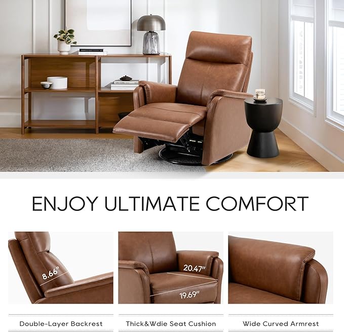COLAMY Recliner Chair Living Room Sofa Home Theater Seat PU Leather Couch with Footrest Cushion Swivel Rocker Modern Bedroom Glider Chairs Cocoa