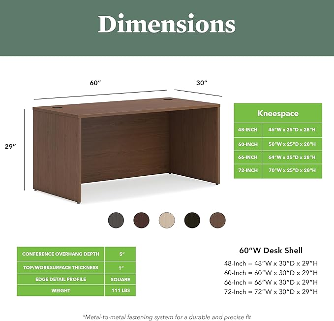 HON MOD Executive Desk 60-Inch Large Computer Desk Shell Thick Wooden Laminate Modern Table with Cord Management 60 W x 30 D x 29 H Walnut
