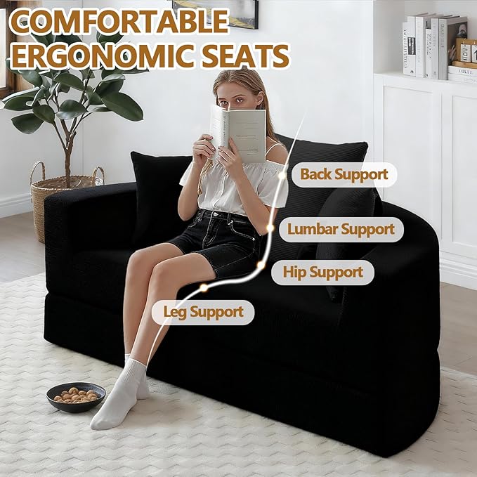 67” Foldable Couch Bed Corduroy Round Floor Couch with 3 Comfy Pillows 2 in 1 Convertible Sofa Bed for Living Room Apartment 380 LBS Capacity No Assembly (Black)