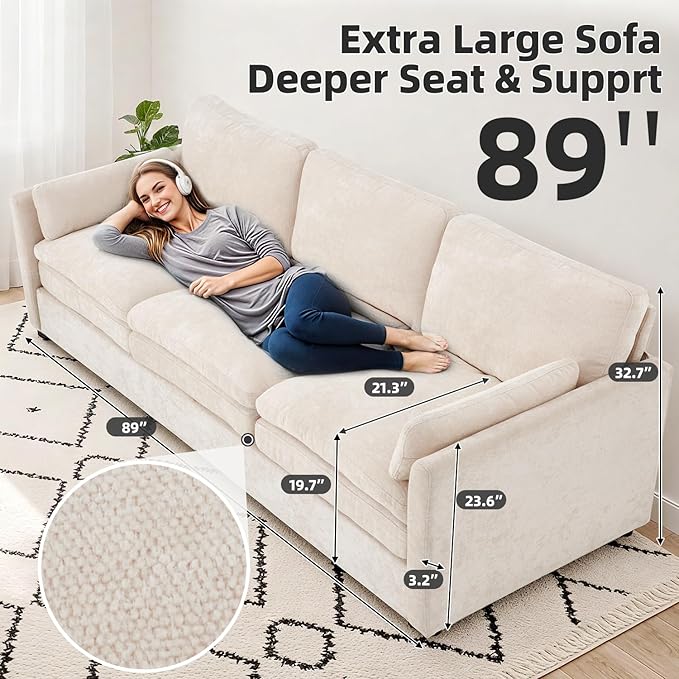 Esright 89'' Cloud Couches for Living Room 3 Seats Sectional Sofa Couch Chenille Modular Couch Sofa with Removable Pillows Oversized Modern Cozy for Studio Apartment Cream White
