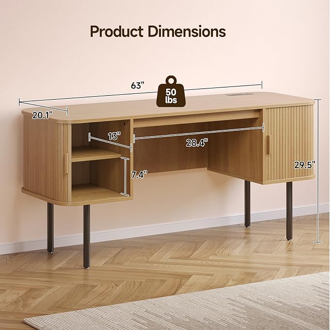 ONBRILL 63 Inch Fluted Computer Desk with Charging Station Mid Century Executive Desk with 2 Storage Cabinets Modern Home Office Large Desk with Metal Legs for Working Studying Writing Oak