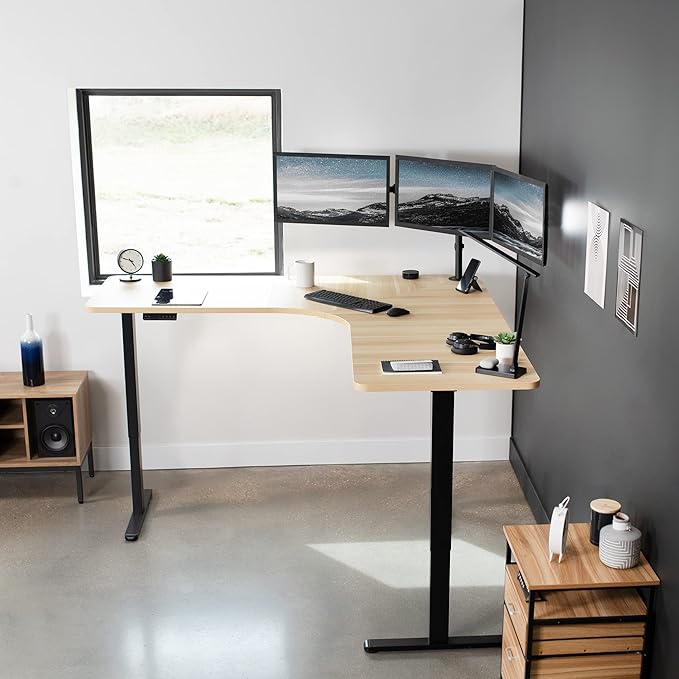 VIVO Electric Height Adjustable 71 x 71 inch Curved Corner Stand Up Desk Light Wood Table Top Black Frame Memory Controller L-Shaped Workstation E3C Series DESK-KIT-E3CBC