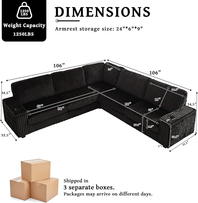 Black Sectional Couches for Living Room Oversized Corduroy Couch Large L-Shaped Corner Couch with Storage Armrests USB Charging &amp Cup Holder 5 Seater Modular Sectional Sofa (Black)