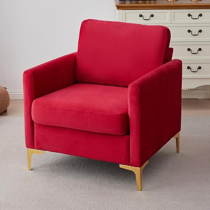 Rose Red Accent Chair Small for Bedroom Living Room Comfy Accent Chair Amchair Modern Single VelvetSofa Chair with Metal Legs