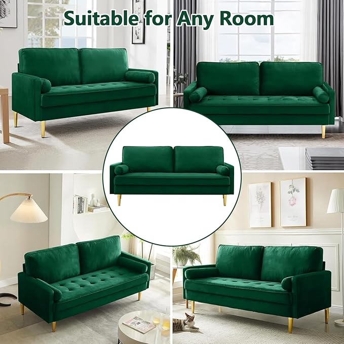 65 Love Seat Sofa Velvet Small Sofa Small Couch for Bedroom Living Room Bedroom Loveseat with 2 Pillows Gold Legs Modern Tufted Seat Upholstered Seating for Office Apartment (Green)