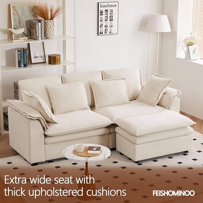 87 L Shaped Sectional Sofa Modular Deep Seat Sofa Couch with Ottoman Chenille Sofa Sleeper Comfy Upholstered Furniture for Living Room Apartment Studio Office (Beige L-Shaped)