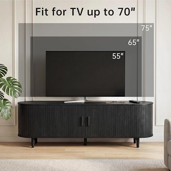 65 Mid Century Modern TV Stand Wood TV Consoles with Sliding Doors and Power Outlet Fluted Entertainment Center with Adjustable Shelves Media Console for Living Room Black
