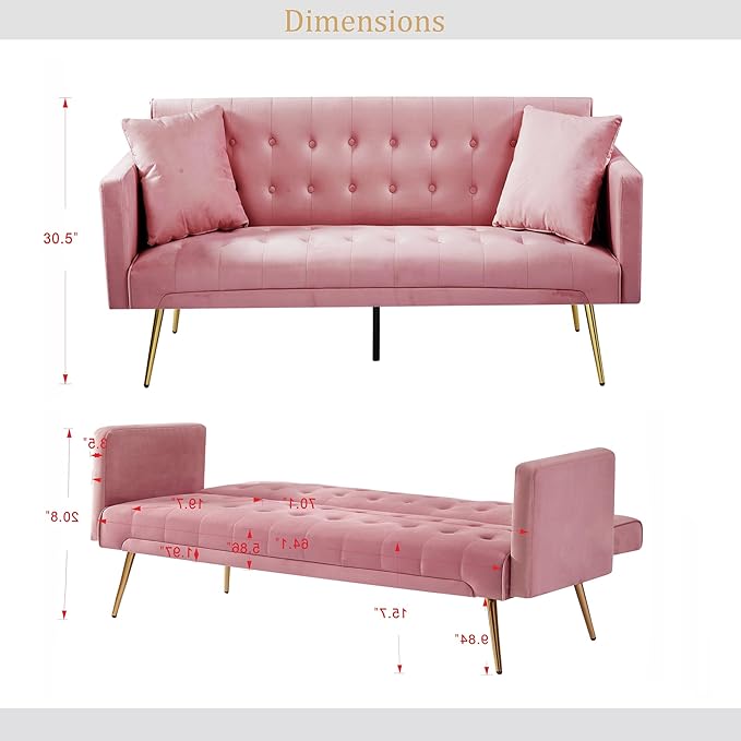 Anwick Modern Velvet Futon Sofa Bed: 72 Satin Convertible 2 Pillows Tufted Back Golden Metal Legs Folding Sleeper Loveseat for Small Space Home Office Living Room (Pink)