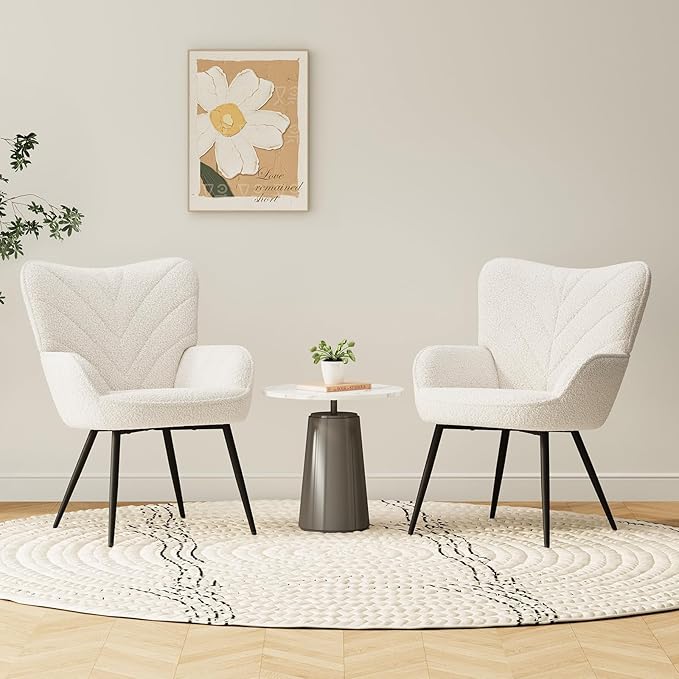 Mid-Century Modern Beige Sherpa Accent Chair Upholstered Armchair for Living Room/Bedroom/Reading Corner Curved Back &amp Padded Seat High-Density Cushion Soft Cozy FabricSet of 2
