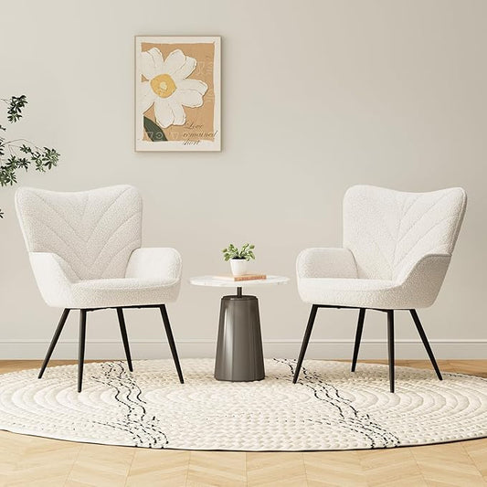 Mid-Century Modern Beige Sherpa Accent Chair Upholstered Armchair for Living Room/Bedroom/Reading Corner Curved Back &amp Padded Seat High-Density Cushion Soft Cozy FabricSet of 2