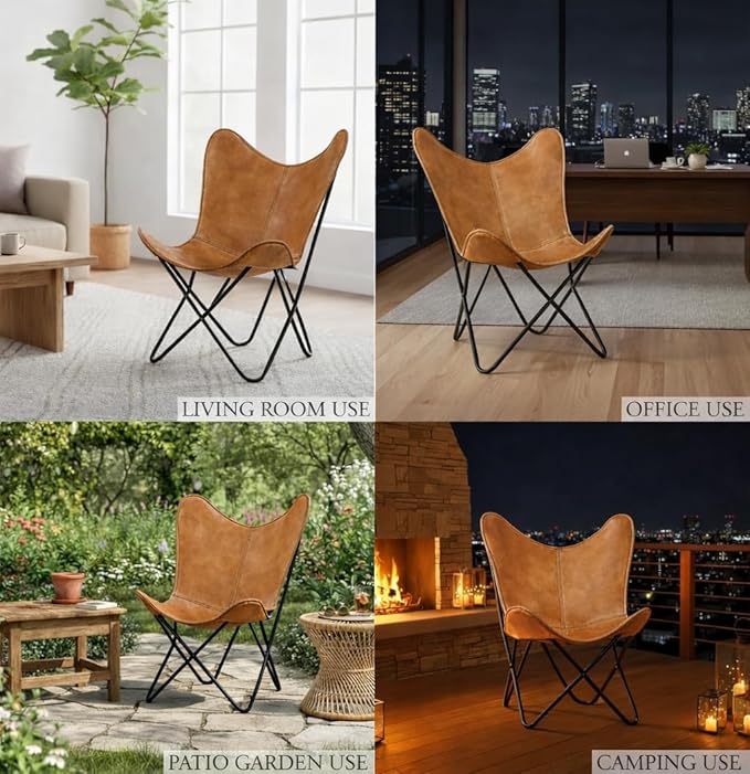 Shy Shy Let’s Touch The Sky Butterfly Chair - Tan Leather Living Room Chair with Black Metal Base (Iron Frame with Tan Cover)