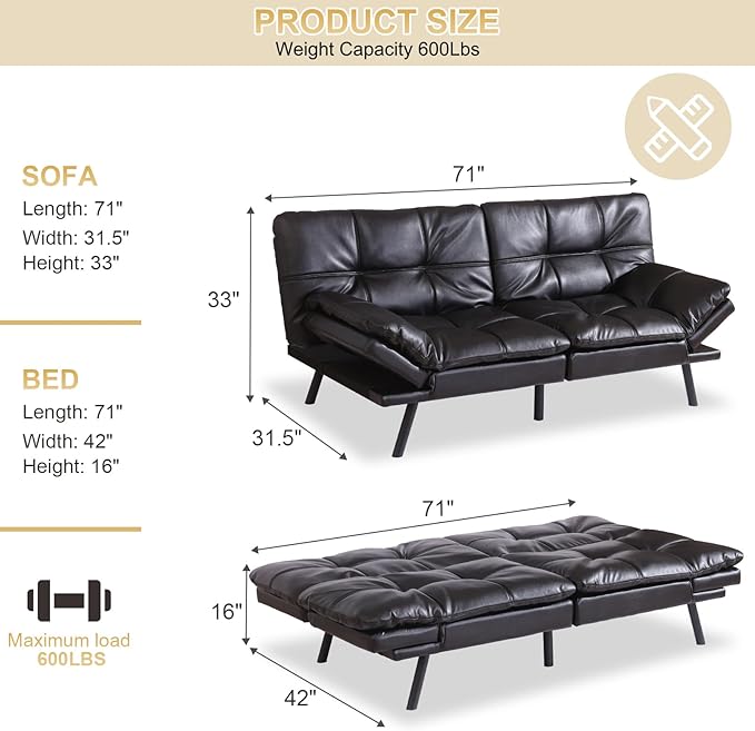 MUUEGM Futon Convertible Sofa Bed Memory Foam Sleeper CouchModern Loveseat for Living RoomAdjustable Armrests Backrest Sofabed BlackFaux Leather.