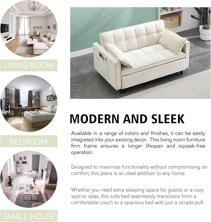 3 In 1 Velvet Convertible Sofa Bed Pull Out Couch Bed with Reclining Backrest And 2 Pillows 54 Full Size Loveseat Sleeper Sofa Futon Couch Bed Couches For Small Spaces Living Room (White)