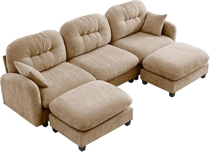 107 U Shaped CouchModular Sectional Sofa 3-Seater Comfy Cloud Couch with 2 Movable Ottomans Chenille Deep Seat for Living Room Office (Camel)