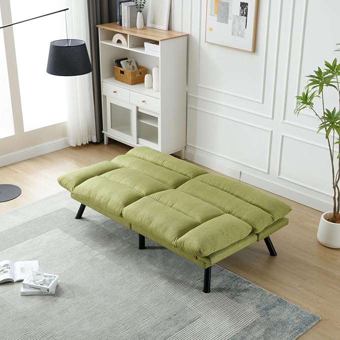 Convertible Futon Sofa Bed Linen Folding Loveseat Couch with Adjustable Backrest and Wooden LegsDouble Sleeper Sofa Couches for Small Spaces Living Rooms Apartment Office (Green)