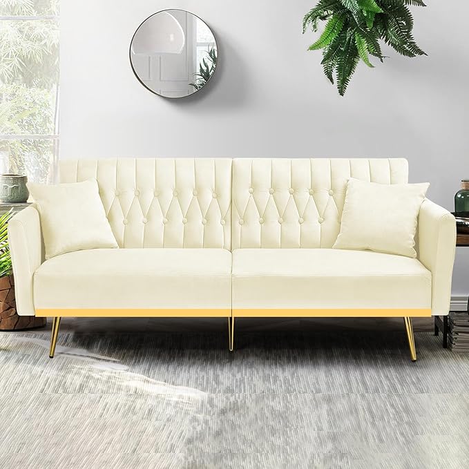 70” Velvet Futon Sofa Bed with 2 Pillows and Adjustable Armrests Convertible Sleeper Bed W/Adjustable Backrests Modern Loveseat for Living Room Bedroom Beige