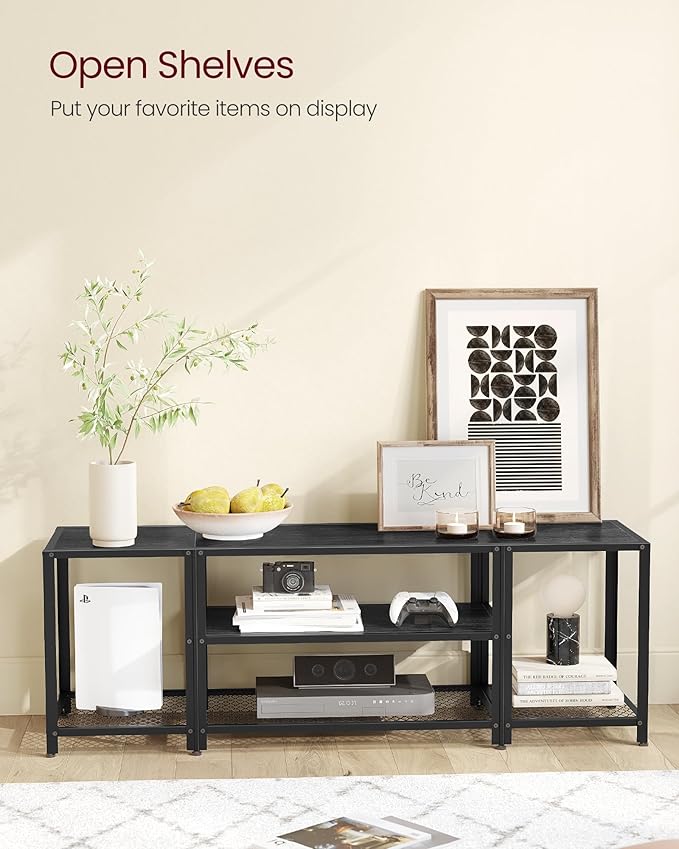 VASAGLE Modern TV Stand for TVs up to 65 Inches 3-Tier Entertainment Center Industrial TV Console Table with Open Storage Shelves for Living Room Bedroom Black with Wood Grain ULTV097B22