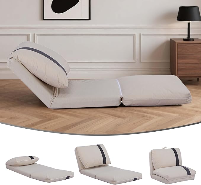 Folding Sofa Bed Human Dog Bed for Adult with 6-Position Adjustable Backrest Metal Frame &amp Handle Lazy Floor Lounger for Living Room Bedroom Apartment Beige