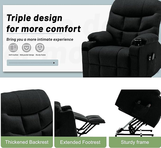 Power Recliner Chair with Massage and Heating Electric Recliner Chair for Elderly and Adults Power Lift Recliner with Remote Control and Cup Holders for Living Room Linen Fabric Black