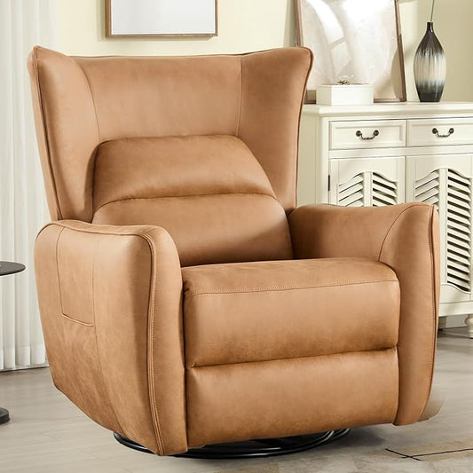 INZOY Power Swivel Rocker Recliner Glider Oversize Electric Swivel Rocker Recliners with Highly Enveloping Backrest Nursery Rocking Recliner Chair Fabric Reclining Sofa for Living Room Brown