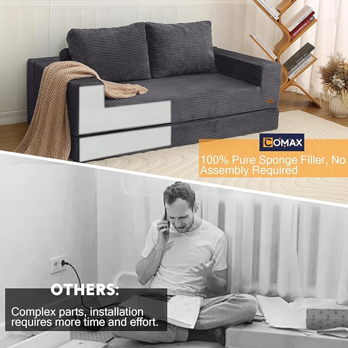 COMAX Convertible Sofa Bed Queen Corduroy Folding Floor Couch Pull Out Couch Bed Futon Sleeper with Pillows Fold Out Boneless Sofa Comfy Lounge Mattress Loveseat for Living Room Bedroom Grey