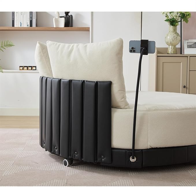 Polibi 52.75 Round Swivel Barrel Chair with Phone Holder and 360°Rotating Pulley Polyester Upholstered Chaise Lounge Oversize Single Sofa Chair for Living Room Bedroom Beige