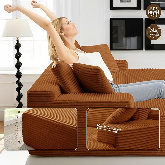 89.3” Oversized Double Chaise Lounge Indoor Orange Corduroy Chaise Lounge Chair Upholstered Sleeper Sofa Bed Deep Seat Sleeper Loveseat Reading Chairs Boneless Cloud Couch for Living Room Bedroom