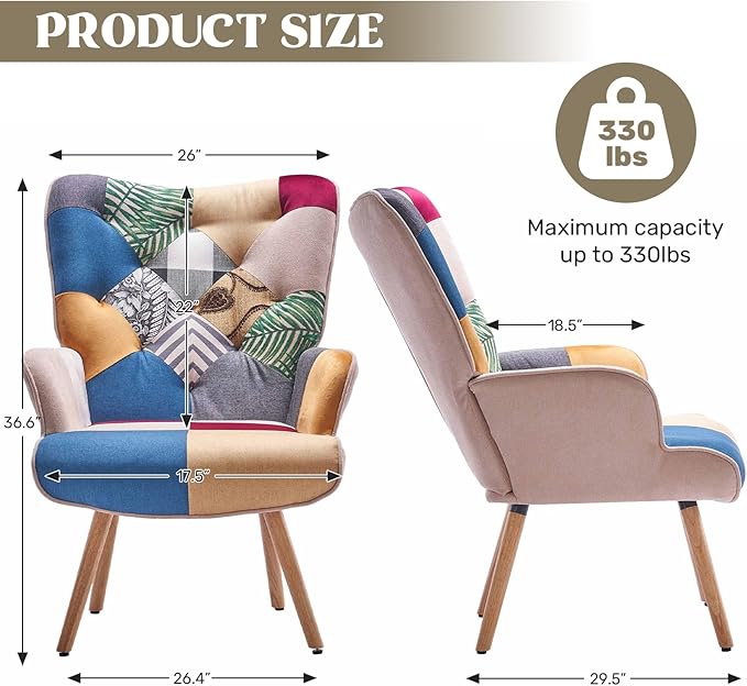 Joysoul Living Room Accent Chair Modern High Back Arm Chair Colorful Plaid Bohemian Style Chairs for Bedroom Waiting Room