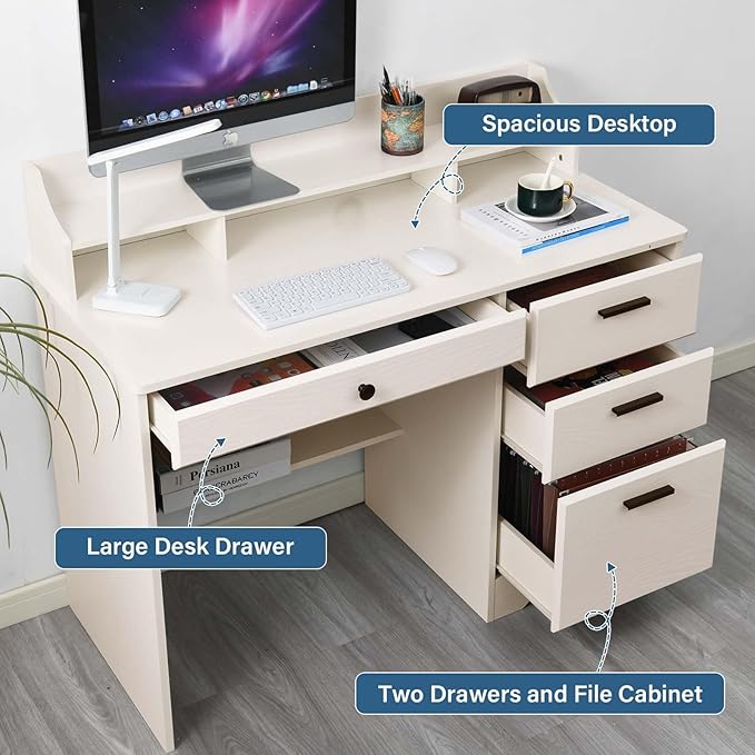 Small Desk with 4 Drawers Computer Desk with Storage &amp Monitor Stand for Small Space Office Desk with File Drawers &amp Shelve for Bedroom Wood Writing Desk with Hutch Milky White