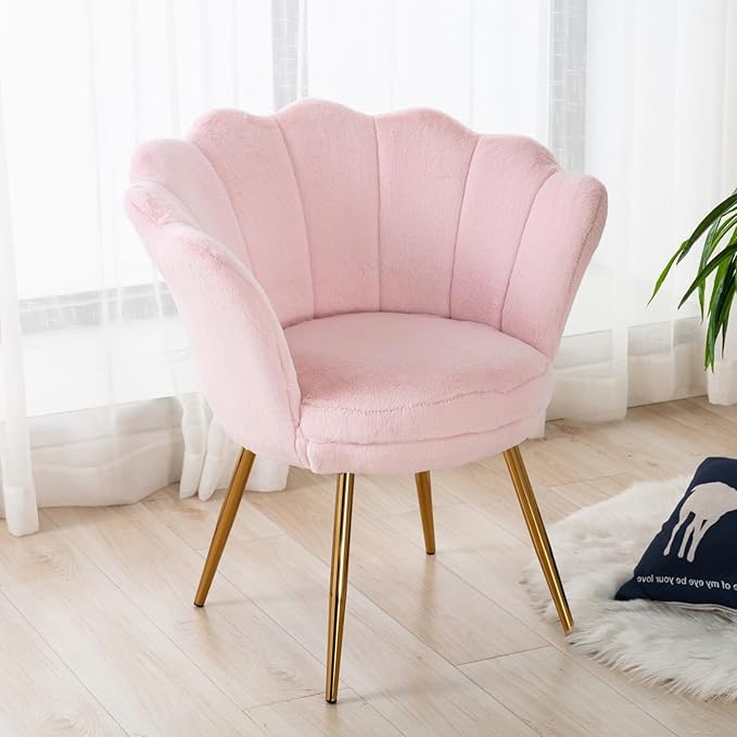 chairus Pink Makeup Vanity Chair with Back Modern Faux Fur Upholstered Small Accent Chair with Gold Metal Legs Cute Shell Shaped Vanity Stool Desk Chair for Living Room Bedroom Dressing Room