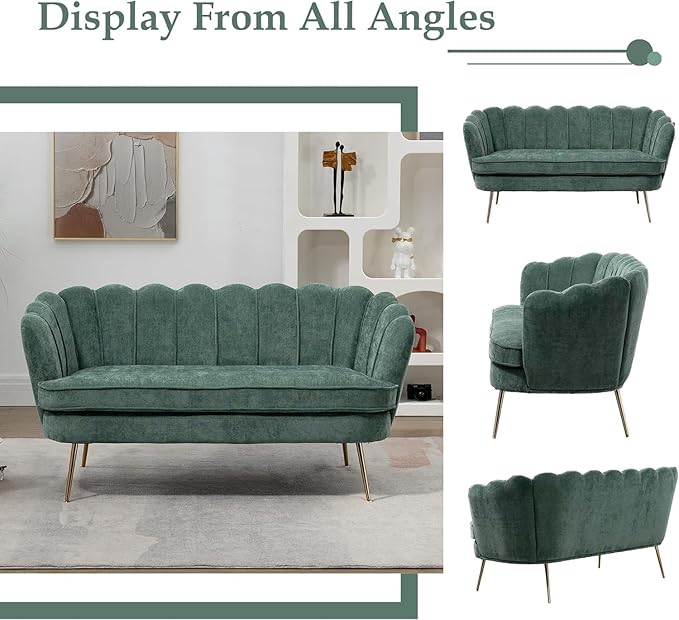 Anwick 59 Small Modern Chenille Loveseat Sofa 2-Seater Sofa with Gold Metal Legs Small Couch with Flower Shaped Back for Living Room Bedroom Office(Green)