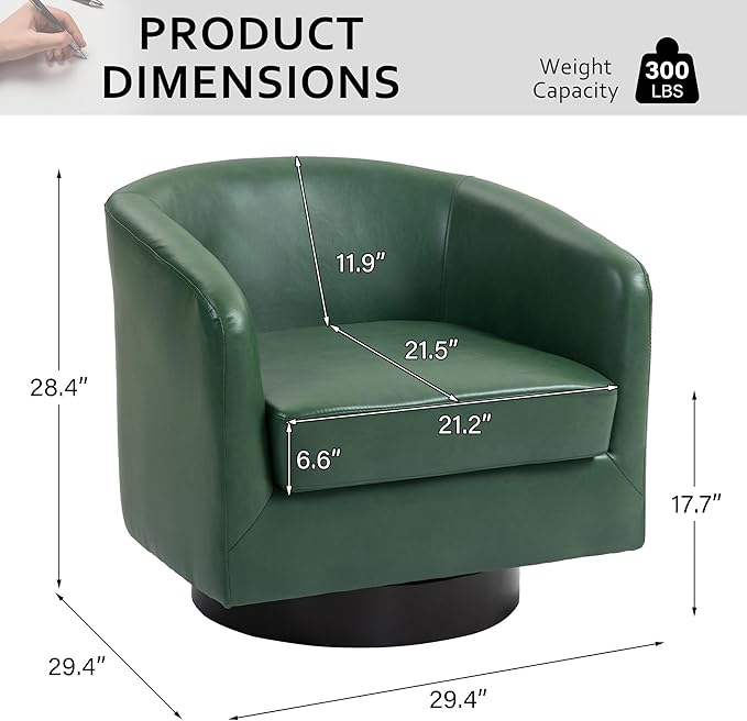 Lumibee Faux Leather Swivel Barrel Chairs Set of 2 Upholstered Comfy Round Swivel Accent Chair 360° Rotation Single Sofa Club Armchair for Living Room Reading Room Bedroom Green