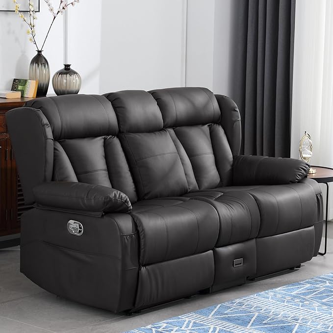 72.8 Manual Reclining Loveseat Sofa - Wall Hugger Double Loveseat Recliner with Console Fold-Down Table and Built-in Outlets Manual Recliner Chair for Living Room RVs Home Theater (Black)