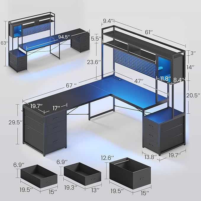 SEDETA L Shaped Gaming Desk with Drawers Reversible Computer Corner Desk with File Drawer Hutch Storage Shelves for Home Office Gaming Two Person Desk with Led Lights Power Outlet Black