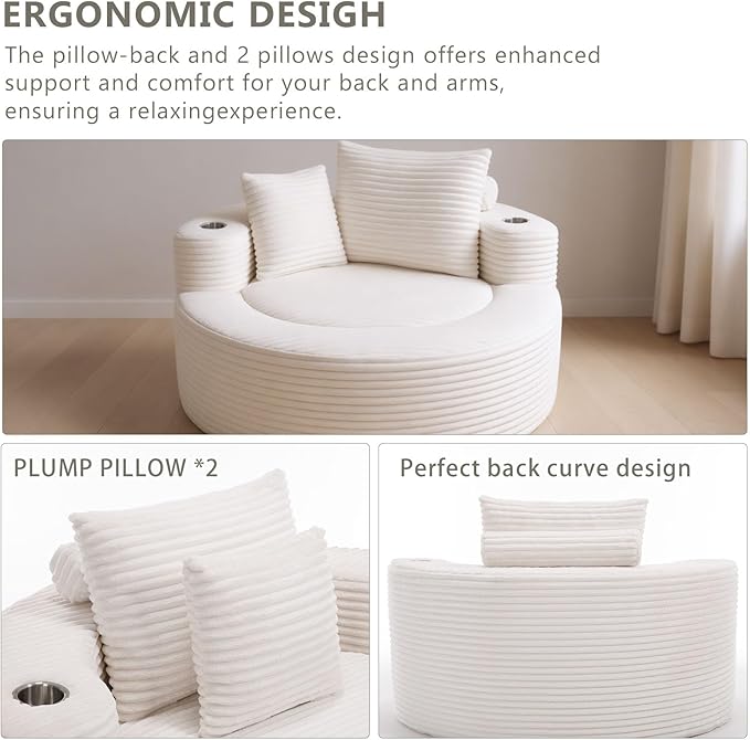 55 White Oversized Round Boneless Couch Sofa Velvet Memory Foam Cloud Couches Lounge Chair Comfy Fluffy Single Sofa with 3 Pillows for Living Room Bedroom No Assembly Required (White .)