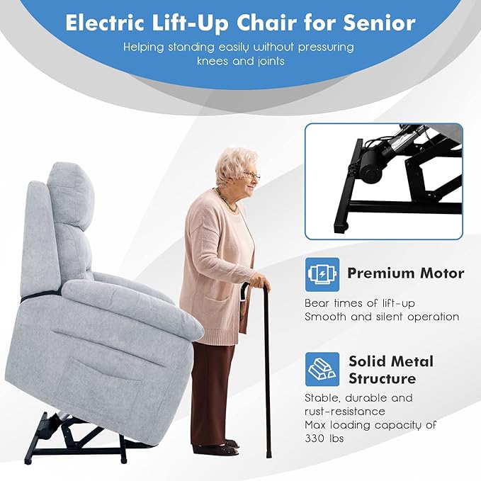 Giantex Power Lift Recliner Chairs for Elderly Fabric Electric Recliner Chair w/Side Pocket &amp Remote Control Living Room Reclining Chair for Seniors Home Theater Bedroom (Grey)