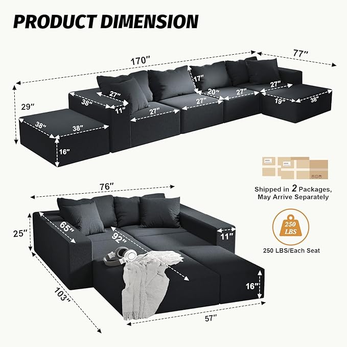 170” Modular L-Shaped Sectional Sofa Cloud Chenille Couch with 6 Pillows No-Assembly Customizable Sofa for Living Room &amp Bedroom Black