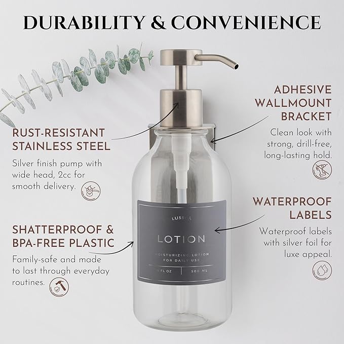 Shower Shampoo Dispenser Wall Mounted – 3 Refillable 16.9 oz Clear Bottles with Stainless Steel Pumps &amp No-Drill Adhesive Holders – Soap Dispenser Set for Bathroom (3 X Clear/Silver)