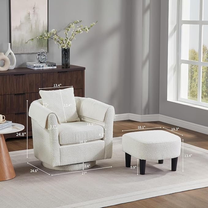 42 W Oversized Swivel Barrel Chair with Storage Ottoman Modern Upholstered Accent Chair Comfy Round Swivel Reading Sofa for Living Room or Bedroom