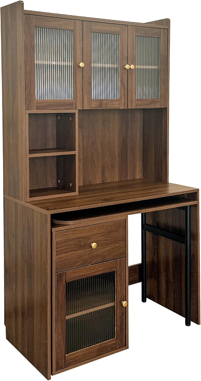 Home Office Computer Desk with 90 Degree Rotating Retractable Desktop L Shaped Corner Executive Desk with Bookshelf | Hutch | Drawer | Storage Shelves Wood Table for Work Study Writing Walnut